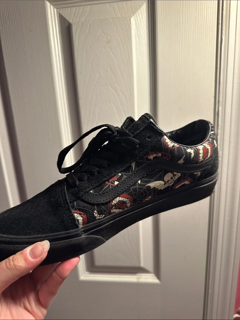Vans Black Skate Sneakers with Red & Cream Skull and Mouth Graphics